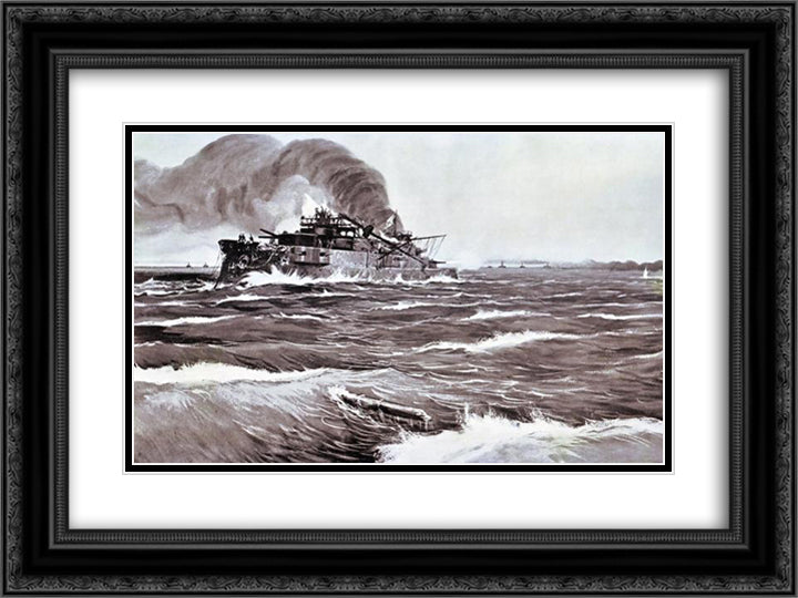The Battle of Tsushima. Last minutes of battleship Prince Suvorov. 24x18 Black Ornate Wood Framed Art Print Poster with Double Matting by Vladimirov, Ivan