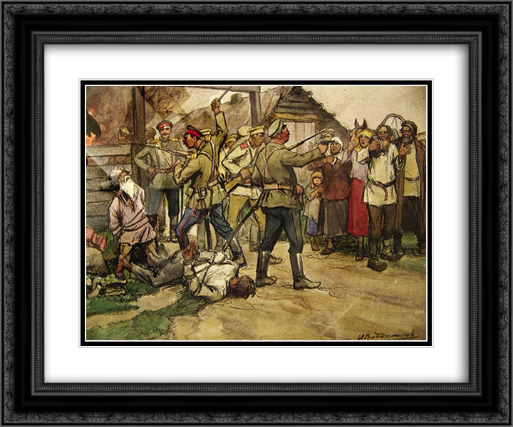 The shooting of peasants by White Cossacks 24x20 Black Ornate Wood Framed Art Print Poster with Double Matting by Vladimirov, Ivan