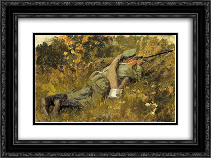 The soldier on the position 24x18 Black Ornate Wood Framed Art Print Poster with Double Matting by Vladimirov, Ivan