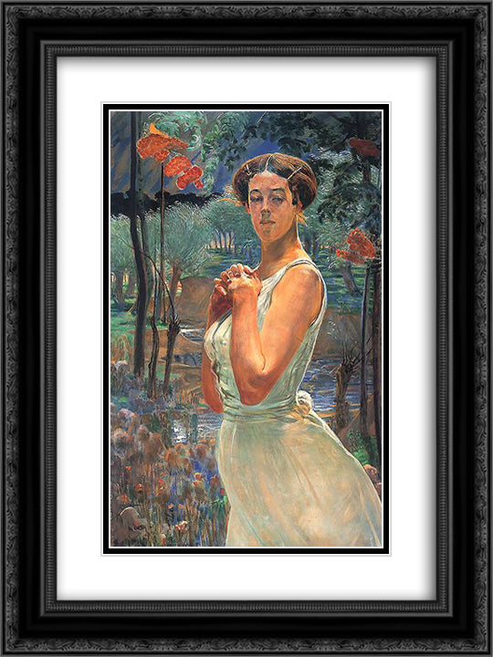 A woman in a grove 18x24 Black Ornate Wood Framed Art Print Poster with Double Matting by Malczewski, Jacek