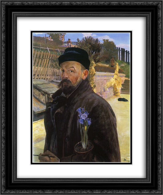 Self-portrait with hyacinth 20x24 Black Ornate Wood Framed Art Print Poster with Double Matting by Malczewski, Jacek