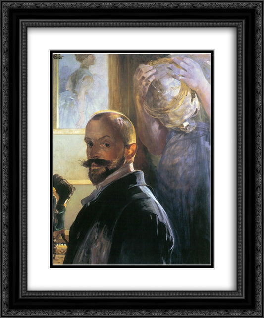 Self-portrait with skull 20x24 Black Ornate Wood Framed Art Print Poster with Double Matting by Malczewski, Jacek