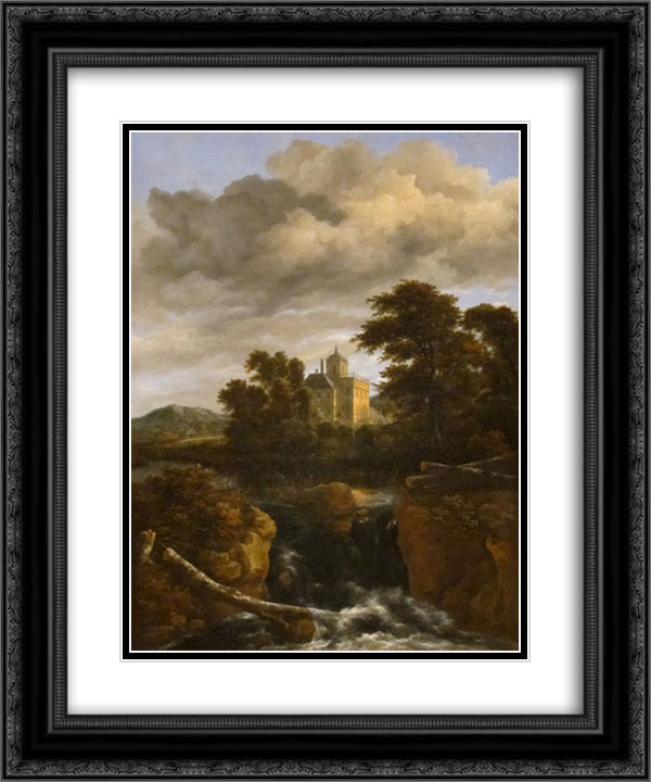 Landscape with a Waterfall and Castle 20x24 Black Ornate Wood Framed Art Print Poster with Double Matting by van Ruisdael, Jacob Isaakszoon