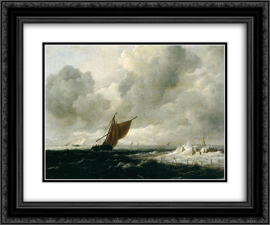 Stormy Sea with Sailing Vessels 24x20 Black Ornate Wood Framed Art Print Poster with Double Matting by van Ruisdael, Jacob Isaakszoon