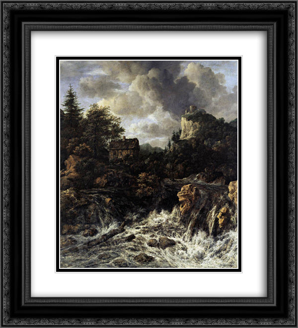 The Waterfall 20x22 Black Ornate Wood Framed Art Print Poster with Double Matting by van Ruisdael, Jacob Isaakszoon