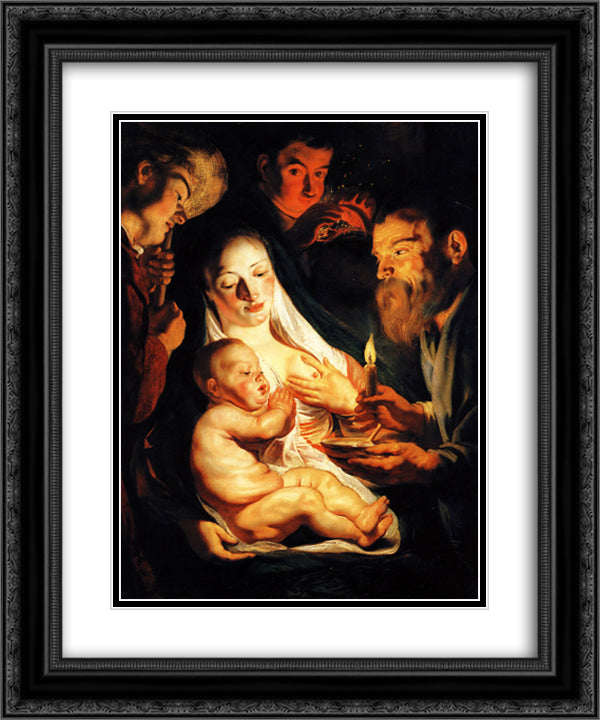 Adoration of the Shepherds 20x24 Black Ornate Wood Framed Art Print Poster with Double Matting by Jordaens, Jacob