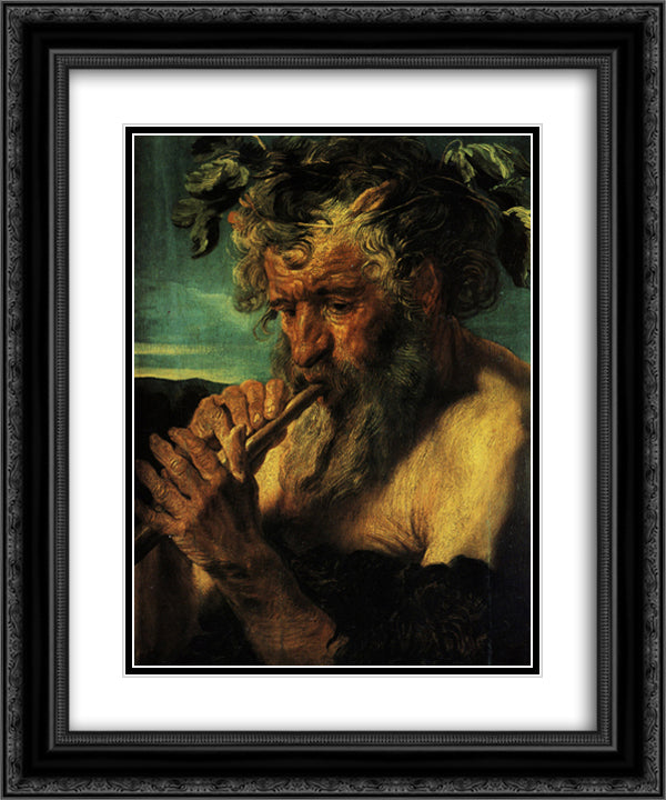 Bust of Satyr 20x24 Black Ornate Wood Framed Art Print Poster with Double Matting by Jordaens, Jacob