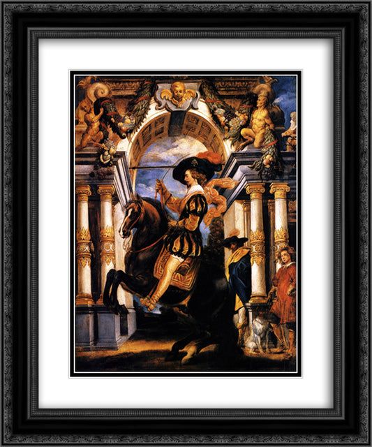 Cavalier executing a Levade, in front of a portal 20x24 Black Ornate Wood Framed Art Print Poster with Double Matting by Jordaens, Jacob