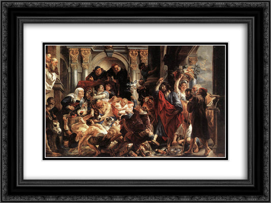 Christ Driving the Merchants from the Temple 24x18 Black Ornate Wood Framed Art Print Poster with Double Matting by Jordaens, Jacob