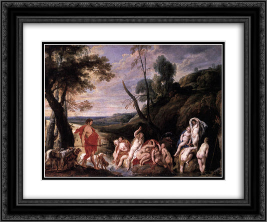 Diana and Actaeon 24x20 Black Ornate Wood Framed Art Print Poster with Double Matting by Jordaens, Jacob