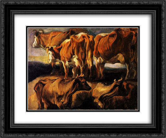 Five studies of cows 24x20 Black Ornate Wood Framed Art Print Poster with Double Matting by Jordaens, Jacob