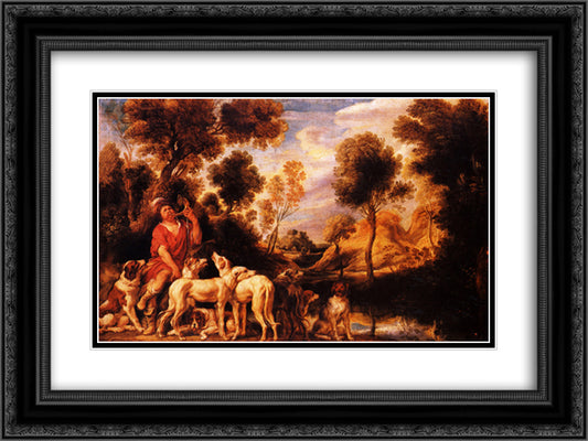 Hunter with his dogs 24x18 Black Ornate Wood Framed Art Print Poster with Double Matting by Jordaens, Jacob