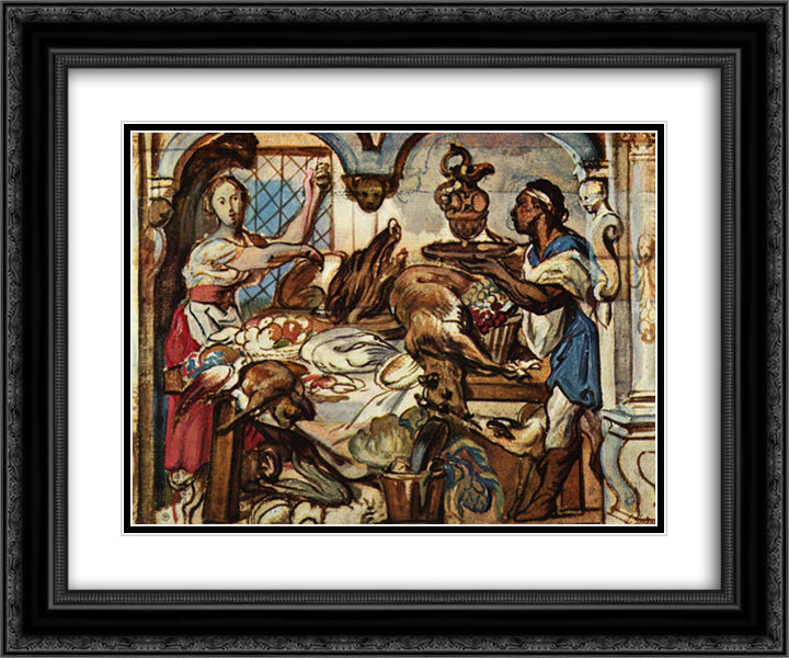 Kitchen scene 24x20 Black Ornate Wood Framed Art Print Poster with Double Matting by Jordaens, Jacob