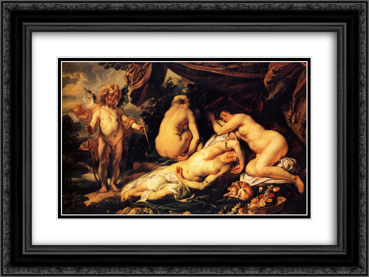 Love of Cupid and Psyche 24x18 Black Ornate Wood Framed Art Print Poster with Double Matting by Jordaens, Jacob