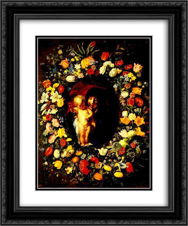 Madonna and Child wreathed with flowers 20x24 Black Ornate Wood Framed Art Print Poster with Double Matting by Jordaens, Jacob