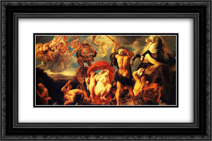 Neptune Creating the Horse 24x16 Black Ornate Wood Framed Art Print Poster with Double Matting by Jordaens, Jacob