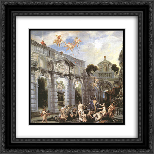 Nymphs at the Fountain of Love 20x20 Black Ornate Wood Framed Art Print Poster with Double Matting by Jordaens, Jacob