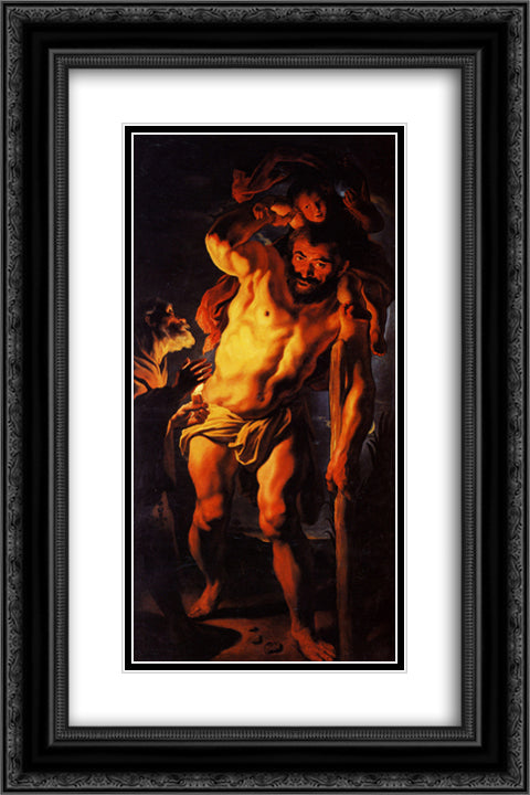 Saint Christopher carrying the Child Jesus 16x24 Black Ornate Wood Framed Art Print Poster with Double Matting by Jordaens, Jacob