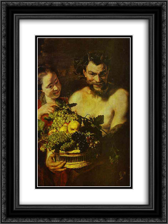 Satyr and Girl with a Basket of Fruit 18x24 Black Ornate Wood Framed Art Print Poster with Double Matting by Jordaens, Jacob