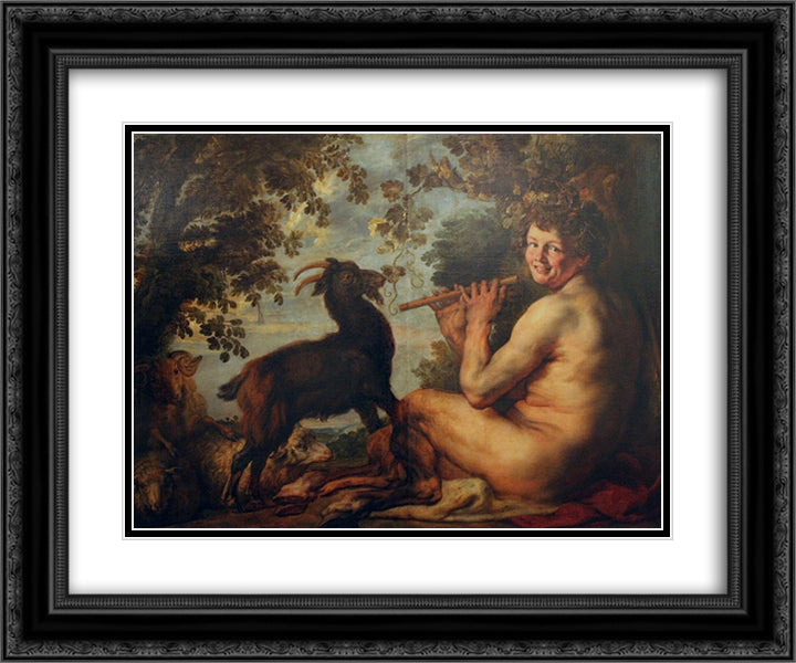 Satyr playing flute 24x20 Black Ornate Wood Framed Art Print Poster with Double Matting by Jordaens, Jacob