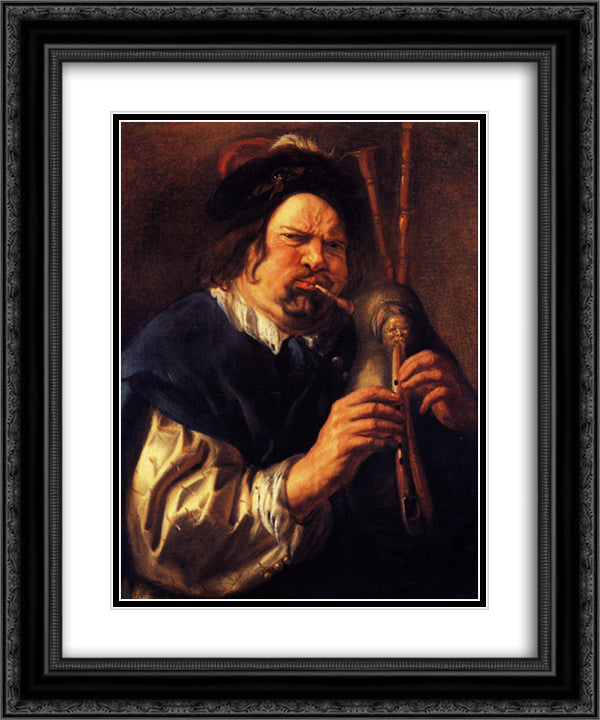 Self-Portrait as a Bagpipe Player 20x24 Black Ornate Wood Framed Art Print Poster with Double Matting by Jordaens, Jacob