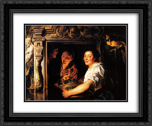 Servant with a fruit basket and a pair of lovers 24x20 Black Ornate Wood Framed Art Print Poster with Double Matting by Jordaens, Jacob