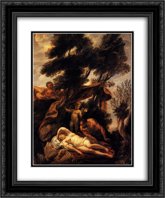 Sleep of Antiope 20x24 Black Ornate Wood Framed Art Print Poster with Double Matting by Jordaens, Jacob