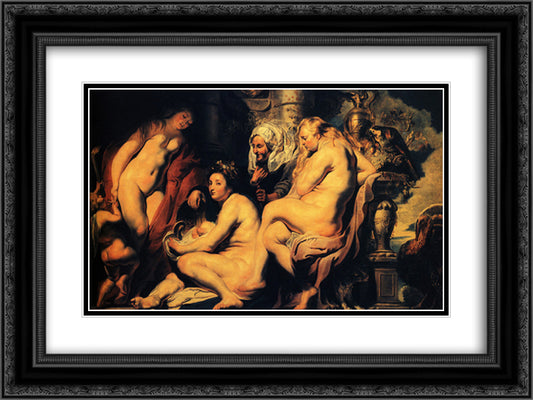 The Daughters of Cecrops finding the child Erichthonius 24x18 Black Ornate Wood Framed Art Print Poster with Double Matting by Jordaens, Jacob