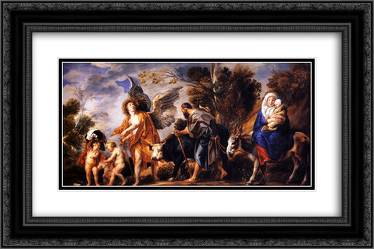 The Flight into Egypt 24x16 Black Ornate Wood Framed Art Print Poster with Double Matting by Jordaens, Jacob