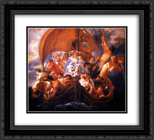 The Holy Family with characters and animals in a boat 22x20 Black Ornate Wood Framed Art Print Poster with Double Matting by Jordaens, Jacob