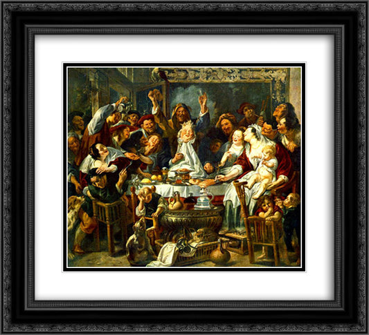 The King Drinks 22x20 Black Ornate Wood Framed Art Print Poster with Double Matting by Jordaens, Jacob