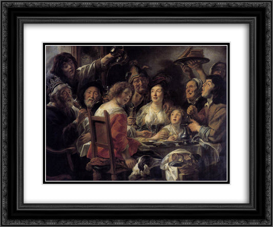 The King Drinks 24x20 Black Ornate Wood Framed Art Print Poster with Double Matting by Jordaens, Jacob