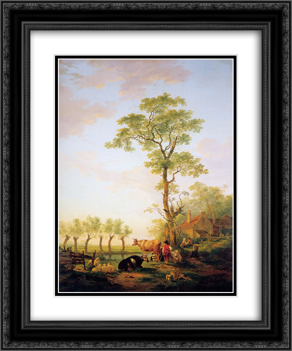 Dutch landscape with cattle and farm 20x24 Black Ornate Wood Framed Art Print Poster with Double Matting by van Strij, Jacob