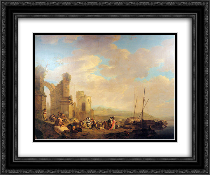 Landscape with coast and ruin 24x20 Black Ornate Wood Framed Art Print Poster with Double Matting by van Strij, Jacob