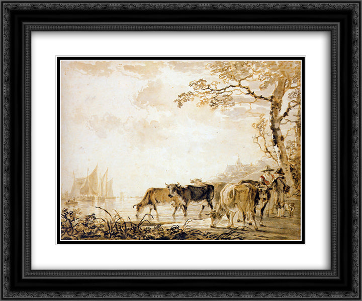 Landscape with cows 24x20 Black Ornate Wood Framed Art Print Poster with Double Matting by van Strij, Jacob