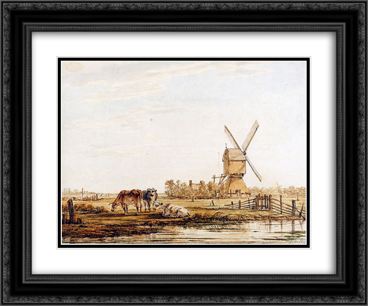 Landscape with mill and cattle 24x20 Black Ornate Wood Framed Art Print Poster with Double Matting by van Strij, Jacob