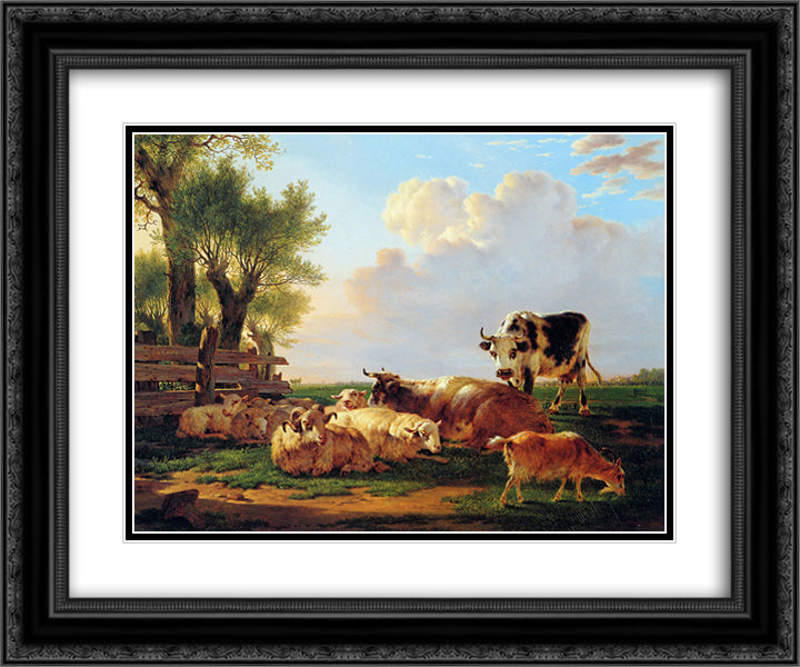 Meadow with cattle 24x20 Black Ornate Wood Framed Art Print Poster with Double Matting by van Strij, Jacob
