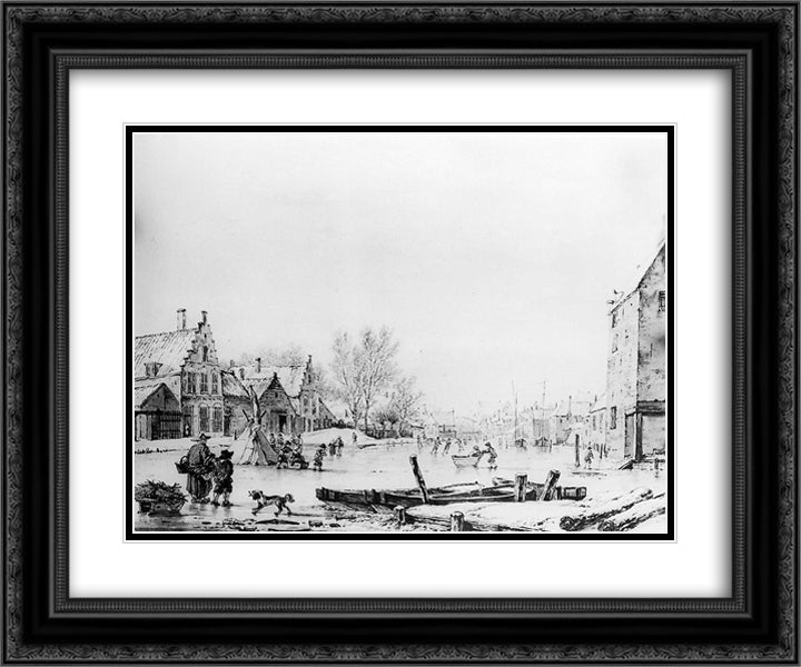 Winter Spuihaven Dordrecht 24x20 Black Ornate Wood Framed Art Print Poster with Double Matting by van Strij, Jacob