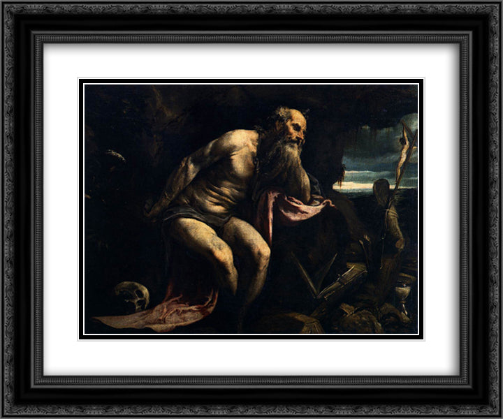 Saint Jerome 24x20 Black Ornate Wood Framed Art Print Poster with Double Matting by Bassano, Jacopo