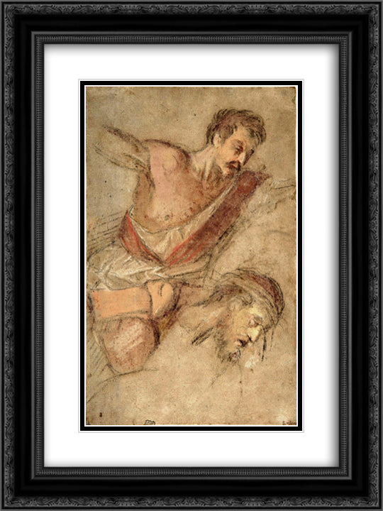 Studies for a Scourging Soldier and the Head of Christ 18x24 Black Ornate Wood Framed Art Print Poster with Double Matting by Bassano, Jacopo