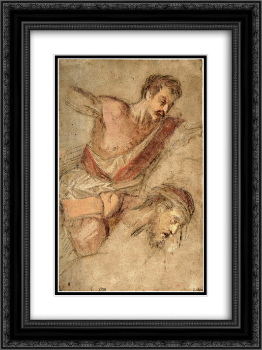 Studies for a Scourging Soldier and the Head of Christ 18x24 Black Ornate Wood Framed Art Print Poster with Double Matting by Bassano, Jacopo