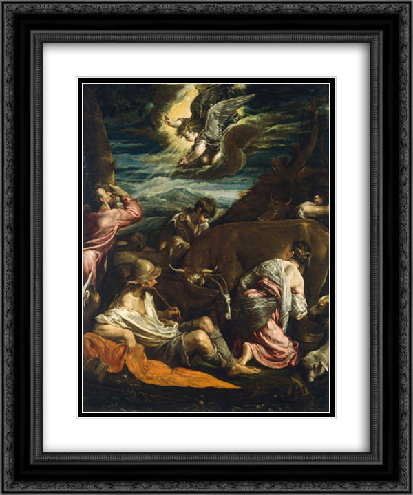 The Annunciation to the Shepherds 20x24 Black Ornate Wood Framed Art Print Poster with Double Matting by Bassano, Jacopo
