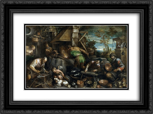 The Forge of Vulcan 24x18 Black Ornate Wood Framed Art Print Poster with Double Matting by Bassano, Jacopo