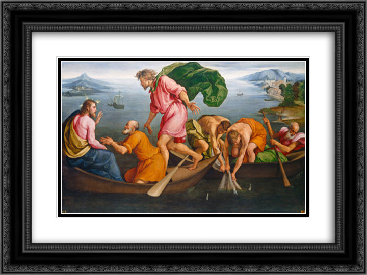 The Miraculous Draught of Fishes 24x18 Black Ornate Wood Framed Art Print Poster with Double Matting by Bassano, Jacopo