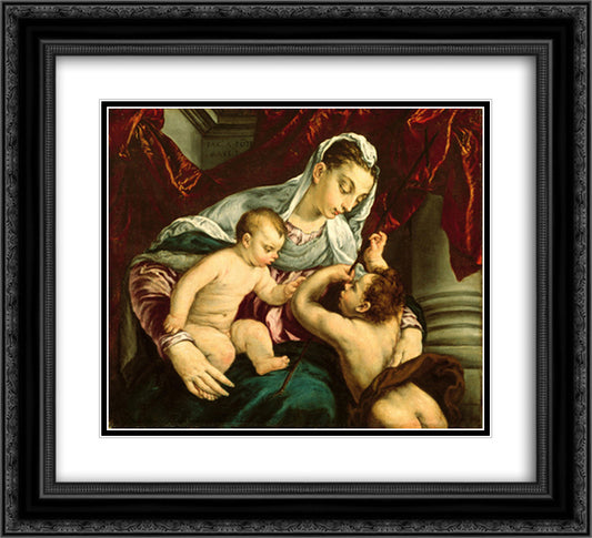 Virgin and Child with the Young Saint John the Baptist 22x20 Black Ornate Wood Framed Art Print Poster with Double Matting by Bassano, Jacopo