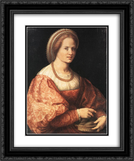 Lady with a Basket of Spindles 20x24 Black Ornate Wood Framed Art Print Poster with Double Matting by Pontormo, Jacopo
