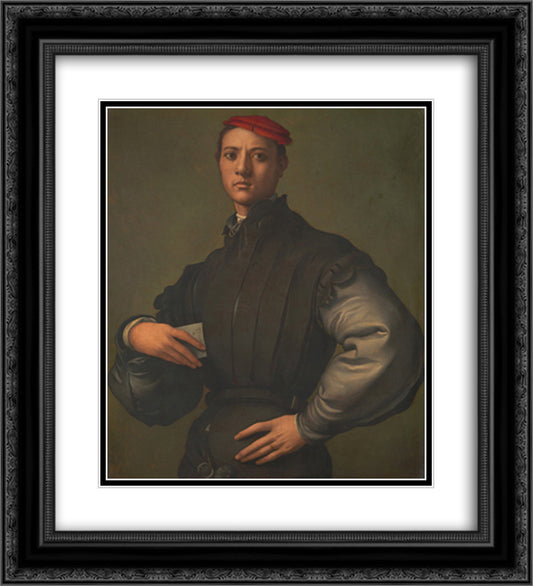 Portrait of a Young Man in a Red Cap 20x22 Black Ornate Wood Framed Art Print Poster with Double Matting by Pontormo, Jacopo