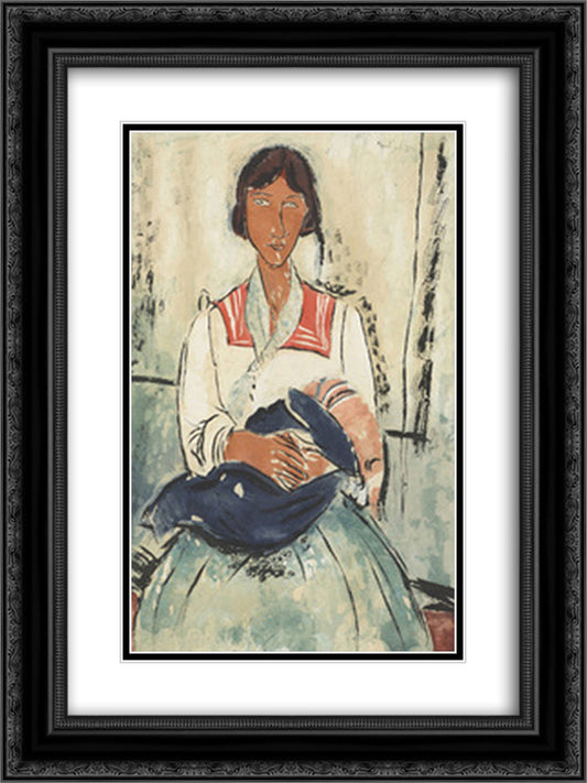 L'Italienne, After Modigliani 18x24 Black Ornate Wood Framed Art Print Poster with Double Matting by Villon, Jacques