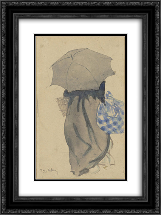 Woman with Umbrella 18x24 Black Ornate Wood Framed Art Print Poster with Double Matting by Villon, Jacques