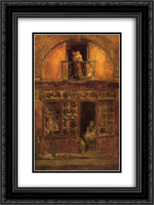 A Shop with a Balcony 18x24 Black Ornate Wood Framed Art Print Poster with Double Matting by Whistler, James McNeill